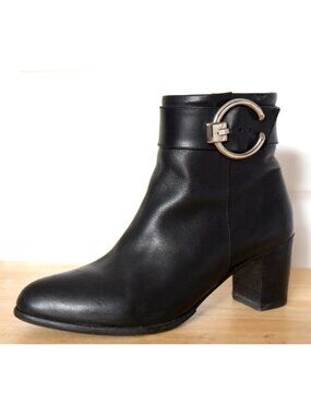 Poppy Barley black leather ankle boots with silver buckle